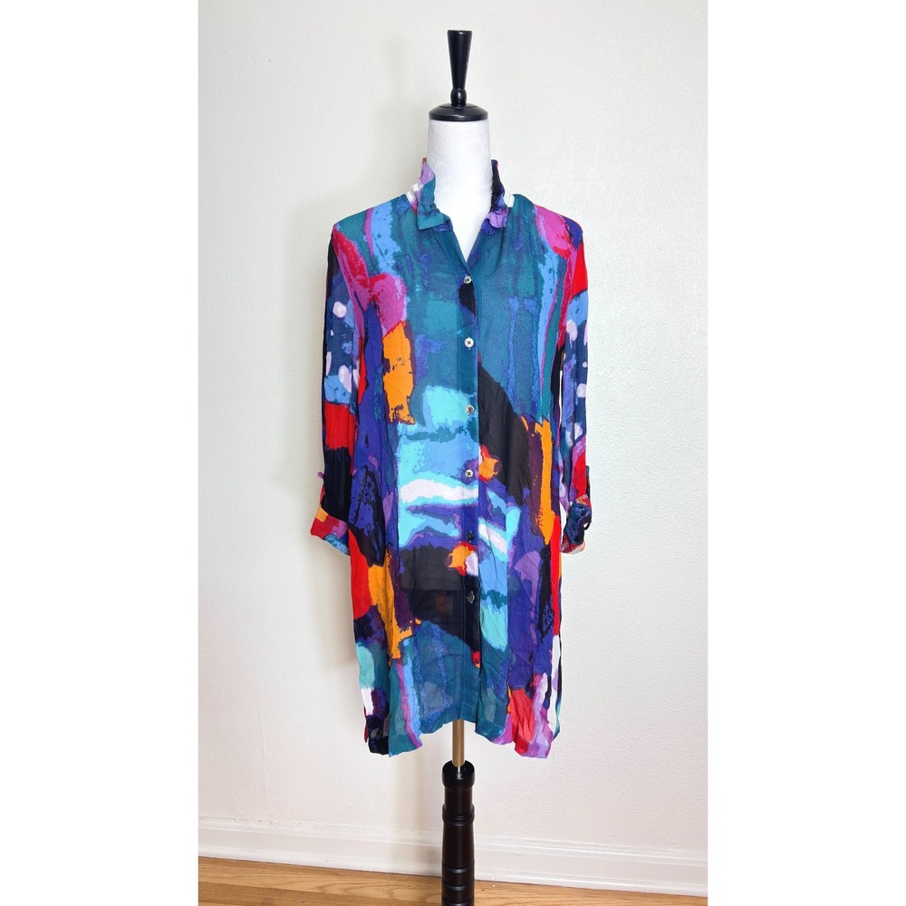 John Mark Sheer Colorful 3/4 Sleeve Button Up Shirt Dress Size Small Dopamine